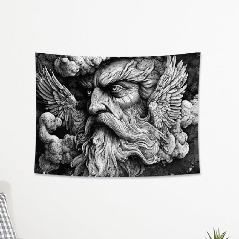 Mythical Bearded Man Black White Tapestry, Winged Divine Face Vintage Decorative Wall Hanging, Ethereal Tapestries Aesthetic for