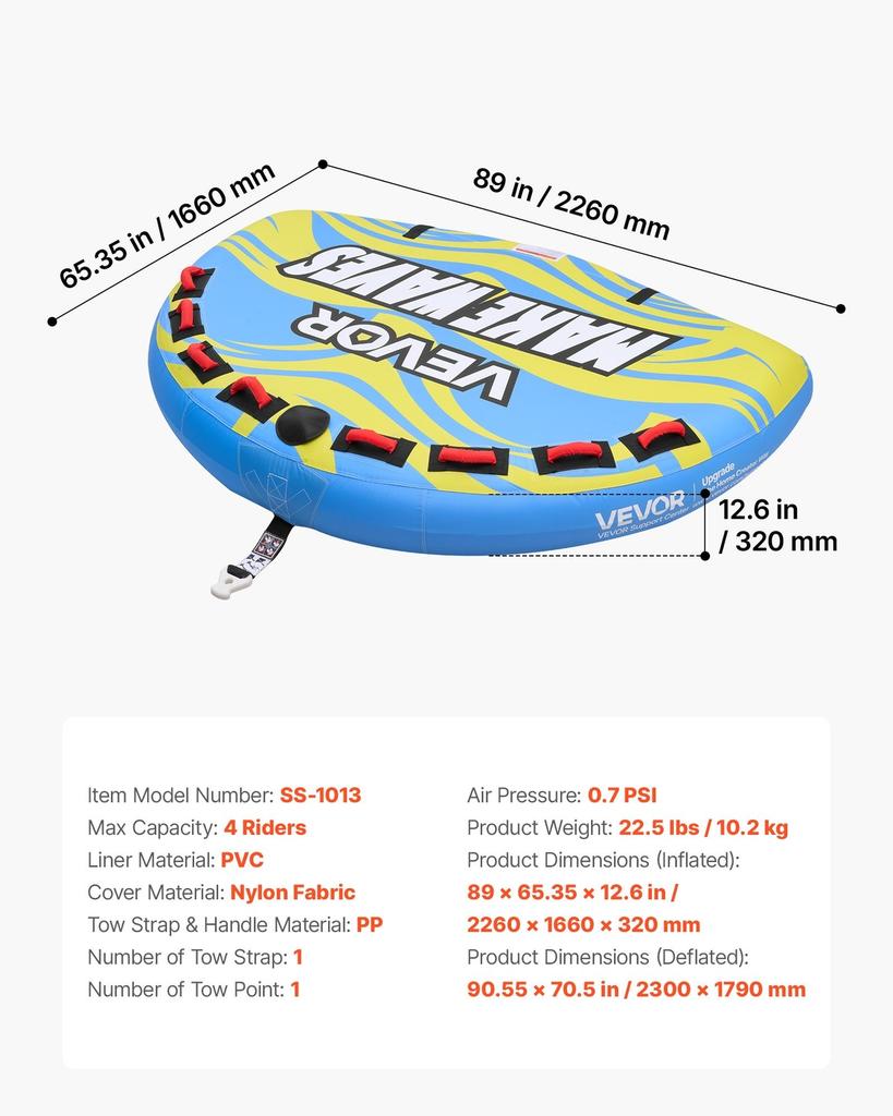Towable Tube for Boating, 4 Riders Inflatable Boat Tubes and Towables, 308 Kg Capacity Water Sport Towable Tube for Boat To Pull - with Fins, Full