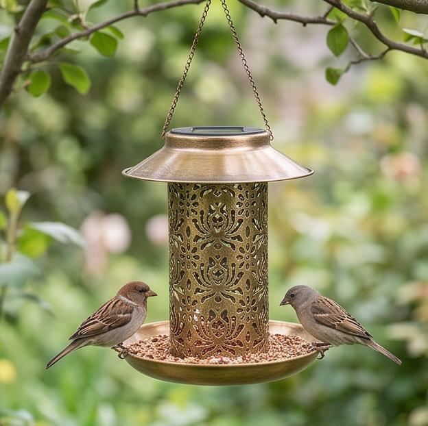 Solar Bird Feeder Lantern Iron Art Hollow Hanging Design for Outdoor Bird Feeding Retro Garden Decor for Lawn Patio Yard