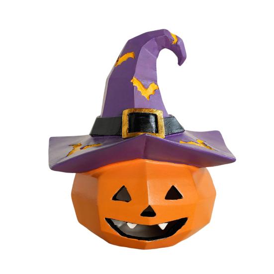 Halloween Ornament Pumpkin Wearing Witch Hat Shape Statue Indoor Outdoor Decor Spooky Halloween Tabletop Decoration