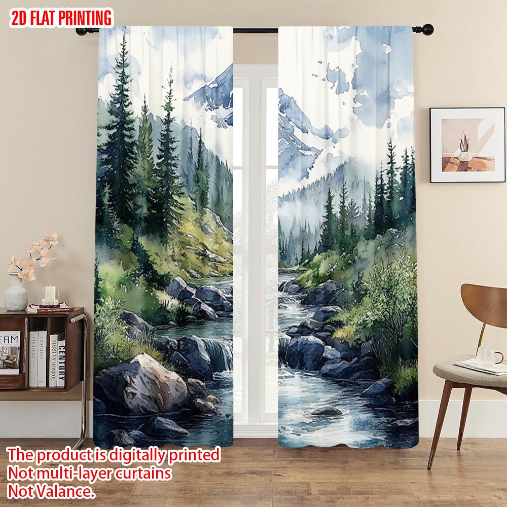 2pcs, plane printing Popular Curtains Serene Forest & Stream Versatile 100% Polyester (without rod) Outdoor Decorations for