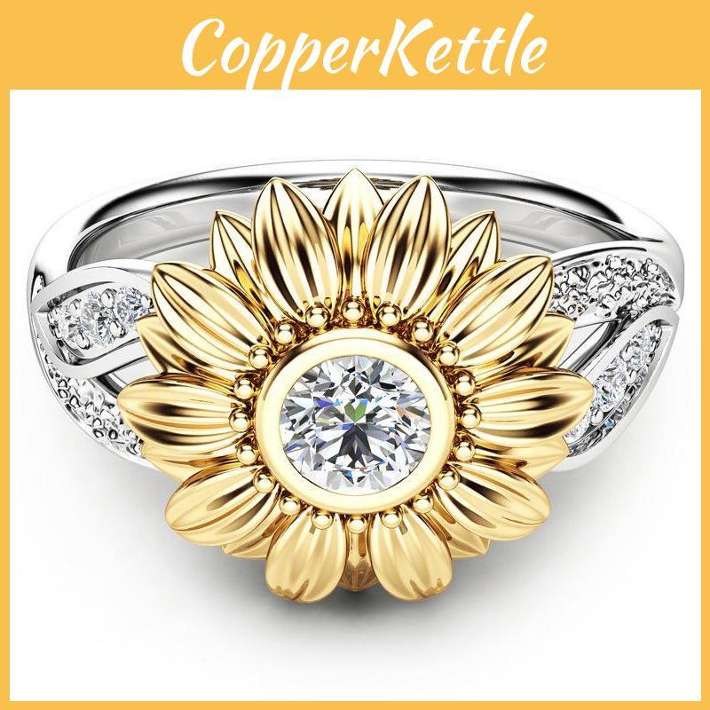 Stylish Copper Sunflower Ring With Gold Plating And Gemstone Inlay For Birthdays