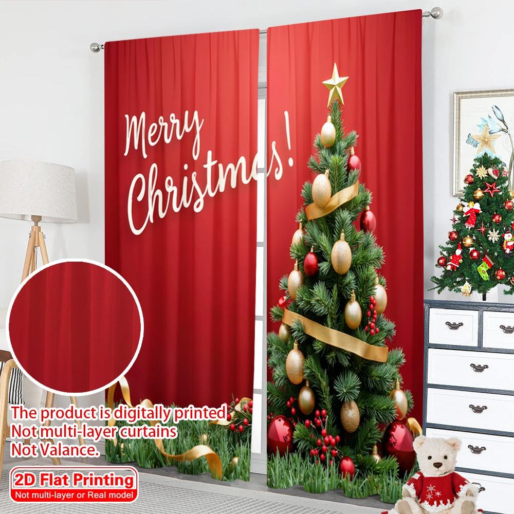 2pcs 2D flat printing Christmas Window Curtains Merry Christmas Tree_c Polyester Without Electricity Festive Wall Decor for
