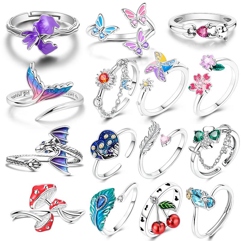 Original 925 Silver Ring Sparking Cherry Flowers Bear Open Rings For Women Girls Jewelry Birthday Anniversary Engagement Gifts