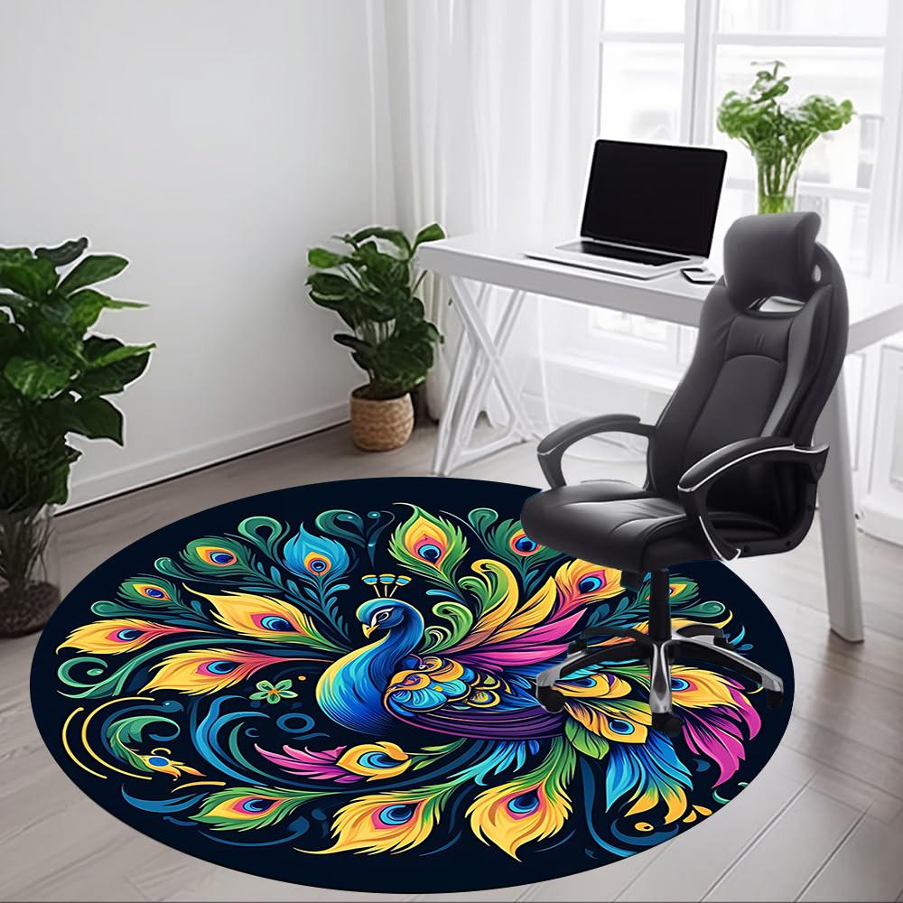 Tapis rond à motif plumes de paon (1 pièce), idéal pour le bureau, la chambre ou le salon. Décoration intérieure disponible en plusieurs tailles.