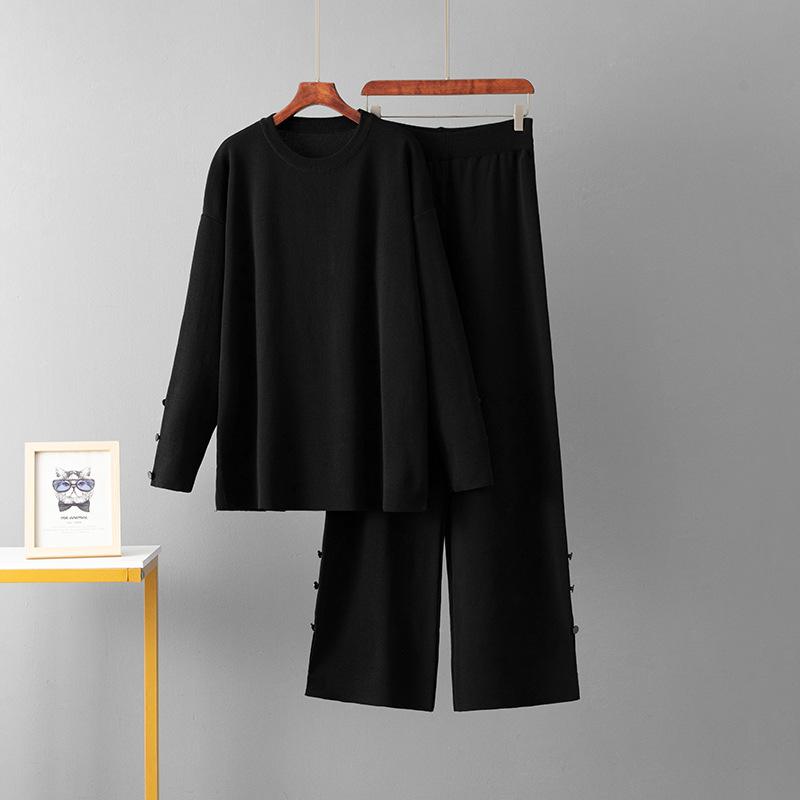 Solid Color Large Size Sweater Set Women's 2025 Autumn and Winter New Round Neck Loose Casual Two-piece Set