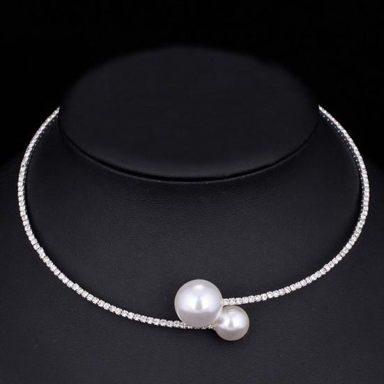 2Pcs/Set Women Elegant Faux Set Pearls Shiny Rhinestones Jewelry Adjustable Open Collar Necklace Bangle Set