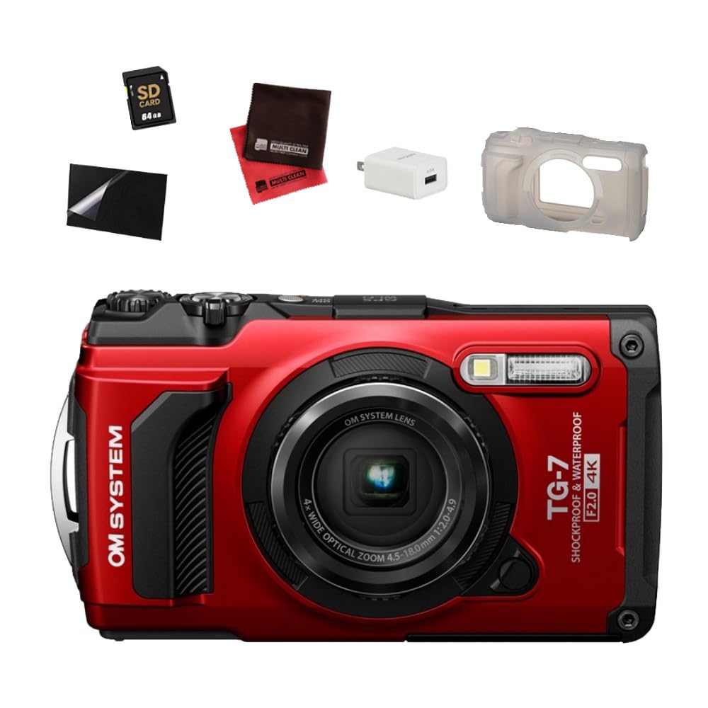 

OM System Tough Digital Camera Red Silicone Jacket SD64GB Cloth AC Charger LCD Film Set TG-7 & & & & &
