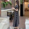 Casual Button Split Striped Dresses Female Clothing Loose Korean Patchwork Short Sleeve Summer O-Neck Basic Straight Midi Dress