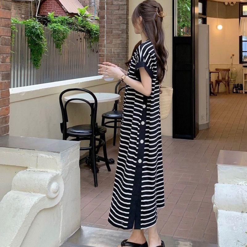Casual Button Split Striped Dresses Female Clothing Loose Korean Patchwork Short Sleeve Summer O-Neck Basic Straight Midi Dress