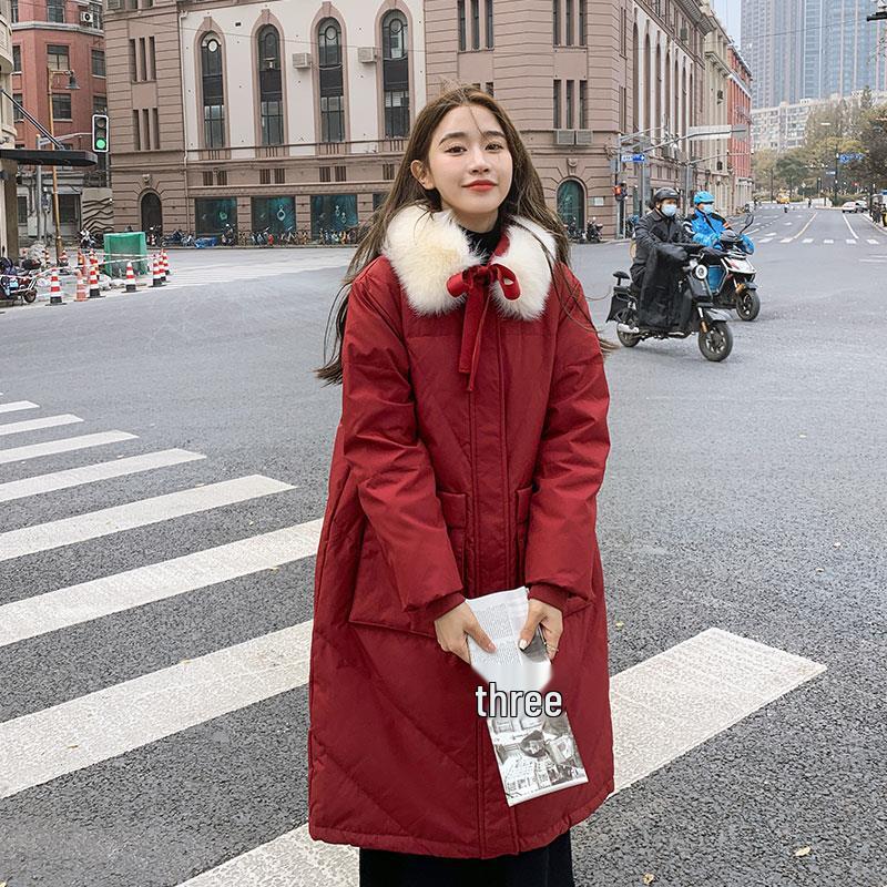 Women s 2025 Red Mid-Length Loose Fit Korean Style Warm Down Jacket M