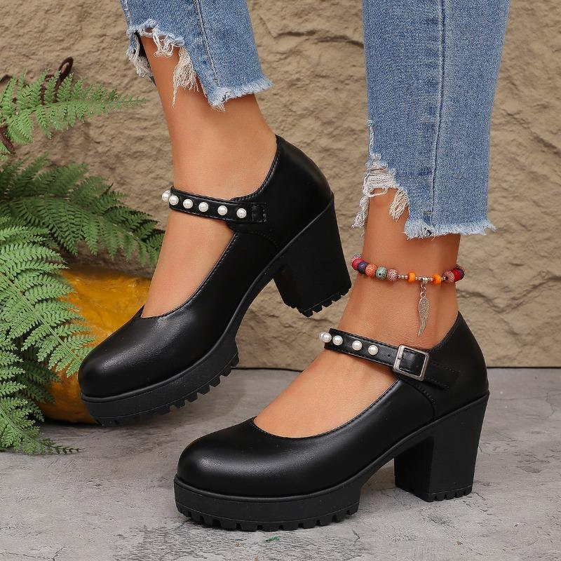 

Мода 2025 Горячие продажи Высококачественные Модные Туфли на Блочном Высоком Каблуке Женские Весна 2025 Мелкие С Пряжкой на Щиколотке Туфли-Лодочки на Платформе 42 чёрный