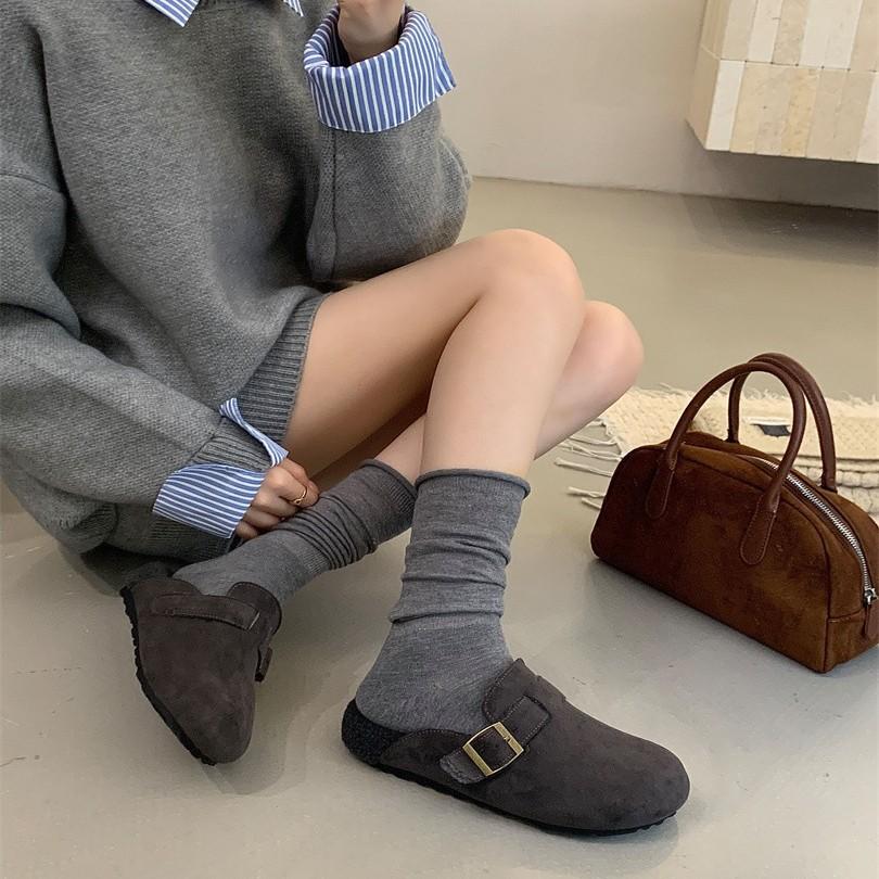 Flat shoes 2025 autumn and winter new Korean version one-word fluffy slippers women wear flat-bottomed Boken velvet cotton shoes