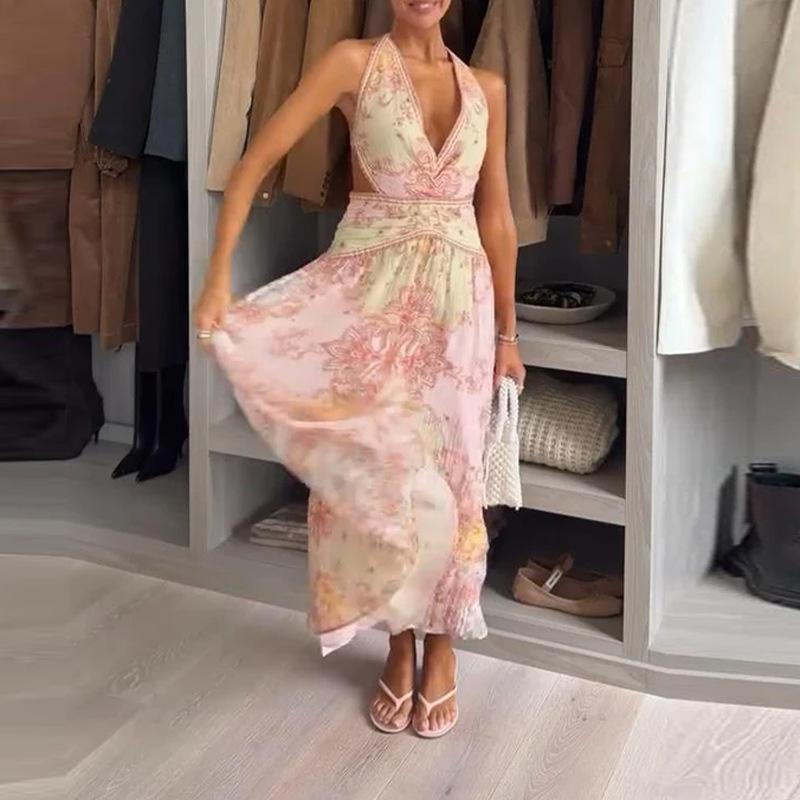 Elegant Printed Women's Dress Halter Sleeveless Lace Up A-Line Lady Long Dresses Summer Female Vacation Holiday Robe New