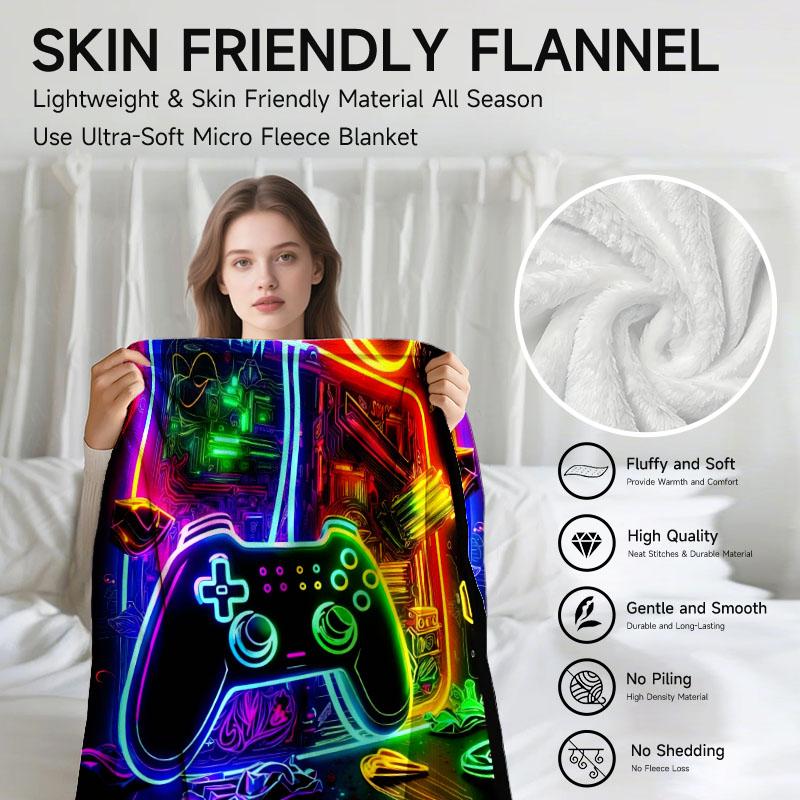 1 Piece Neon Game Controller Theme Flannel Blanket, Perfect for Sofa, Bed, Office. Ideal Gift for Family, Friends, Holidays.