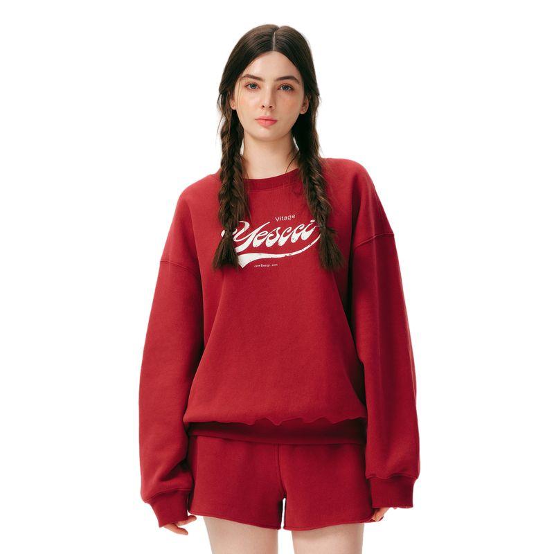 

Yescci American vintage Loose round Neck Hoodie Drunk Red One Size Fits All