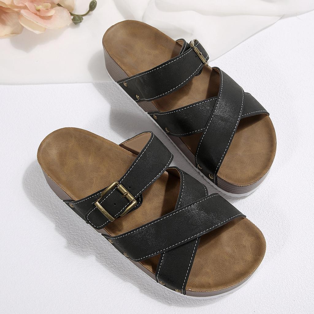 Wedge Sandals for Women Slip On Slides Cork Platform Heeled Sandal Comfort Summer Beach Shoes Women's Open Toe Thick Sole Sandals Casual Dressy Slides