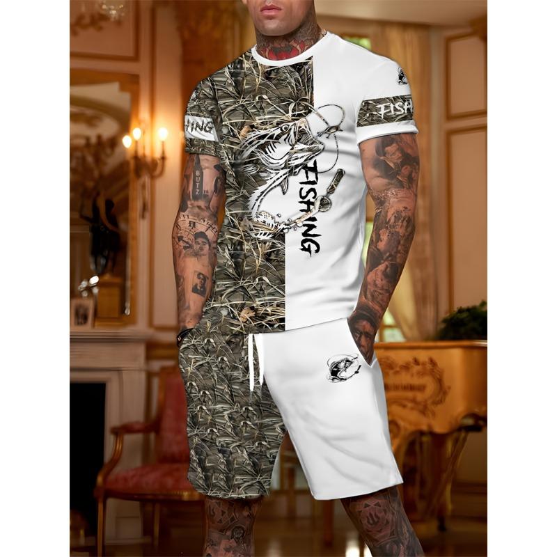 Summer men's new spliced printed pattern breathable round neck T-shirt and shorts outdoor skin friendly casual two-piece set