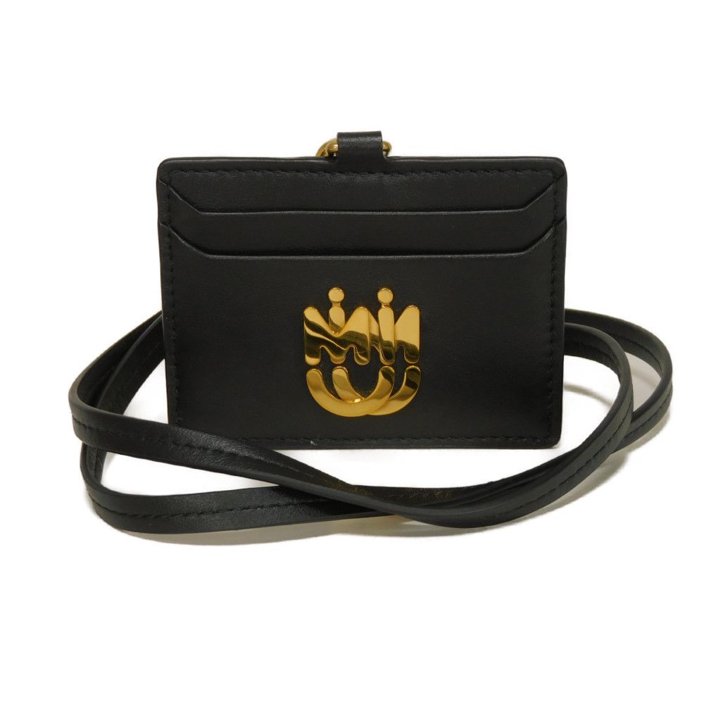 

Б/у 12166 Визитница 5MC061 7946 из телячьей кожи Чехол для проездного с черным шейным шнурком, RFID IC чипом, логотипом, металл Nero, женский