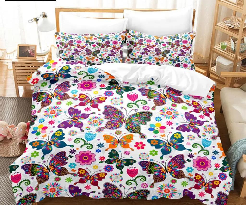 Blue Butterfly Duvet Cover Set King Queen Twin Size Double Bed Single 3D Queen Bedding Sets Pink Quilt Cover with 2 Pillowcases