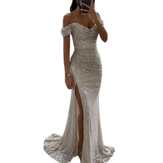 Elegantes, schulterfreies Maxikleid mit V-Ausschnitt und Pailletten, plissiert, kurze Ärmel, Taille, eng anliegend, für Abend, Party, Abschlussball, schlankes, sexy, langes Kleid mit Schlitz