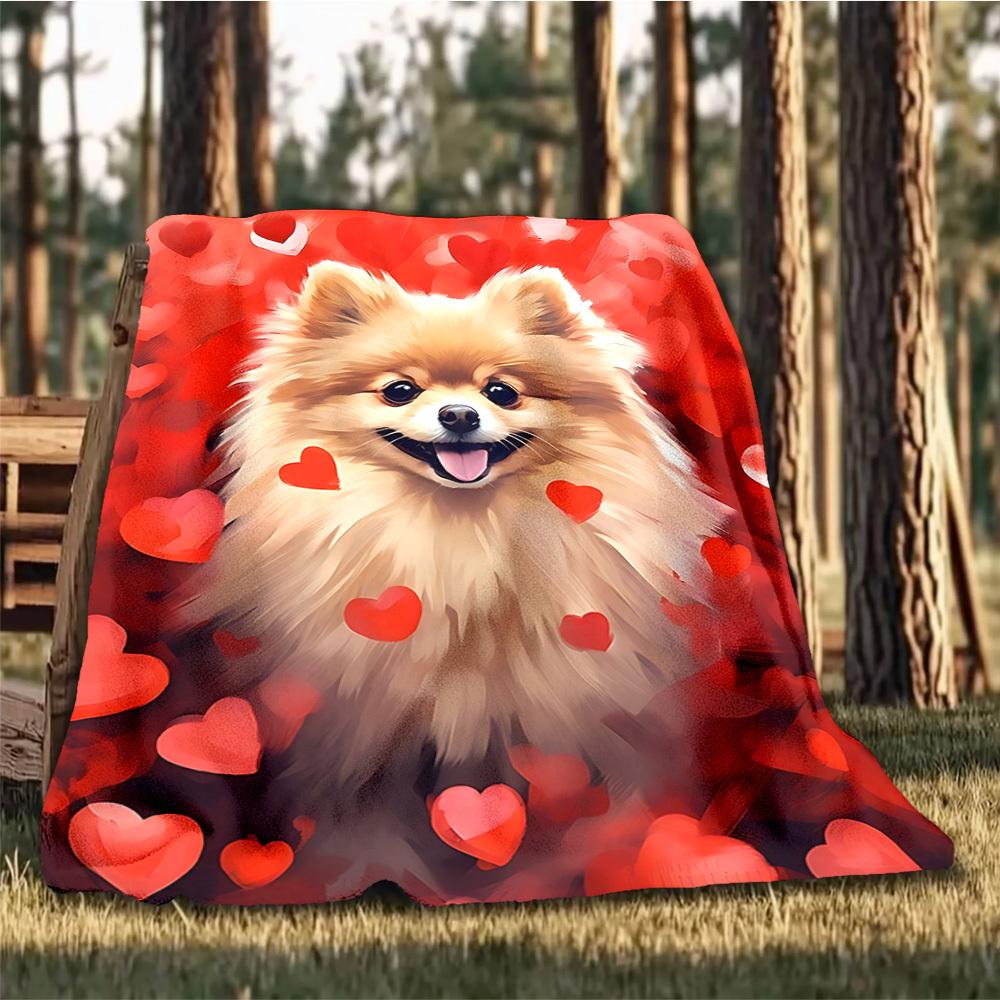 1pc Pomeranian Love Hearts Outdoor Flannel Blanket , Machine Washable Perfect Gift for Birthday , Holiday Travel Accessory , Durable Material