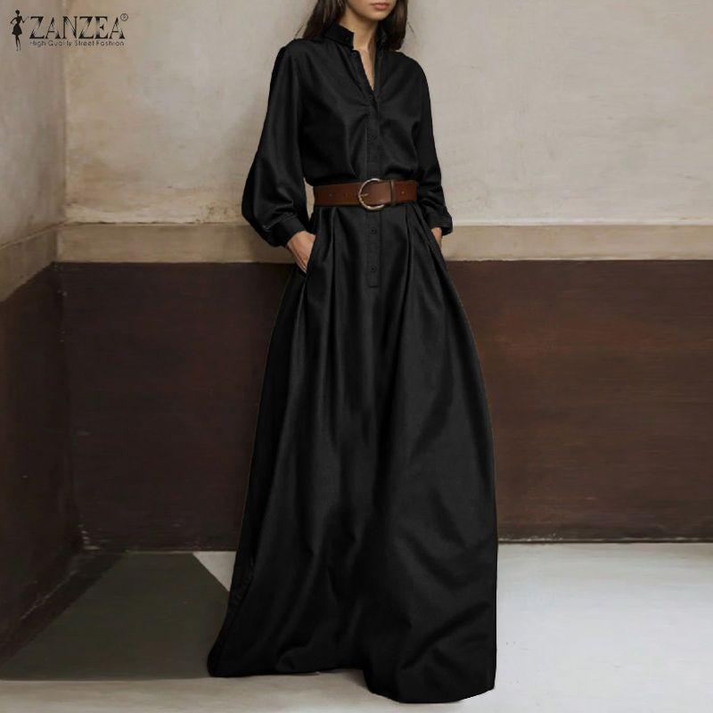 ZANZEA Elegant Women Stand Neck Puff Sleeve Buttons Slim Waist Casual Loose Long Pleated Dress