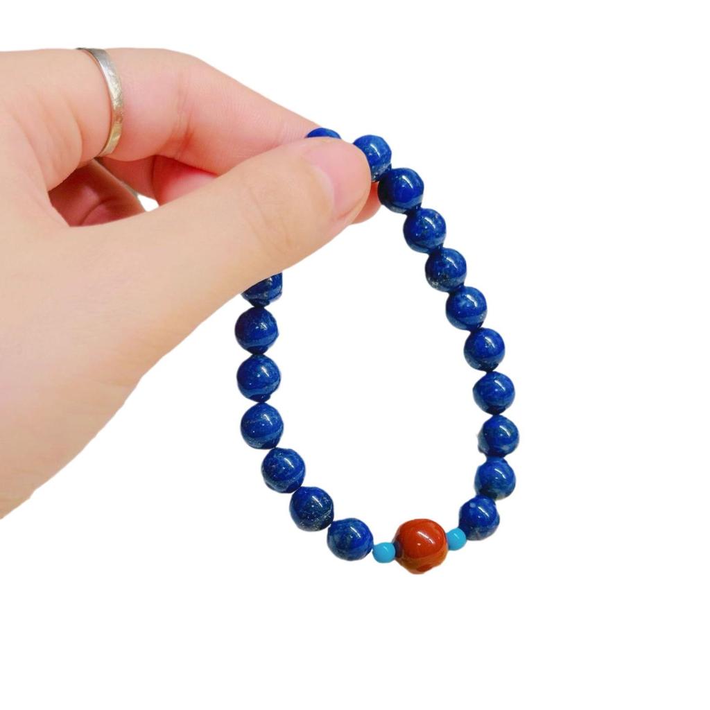 Natural Lapis Lazuli & Nanhong Single-Circle Emperor Sand Bead Bracelet with Aquamarine - Women's High-End Retro Style