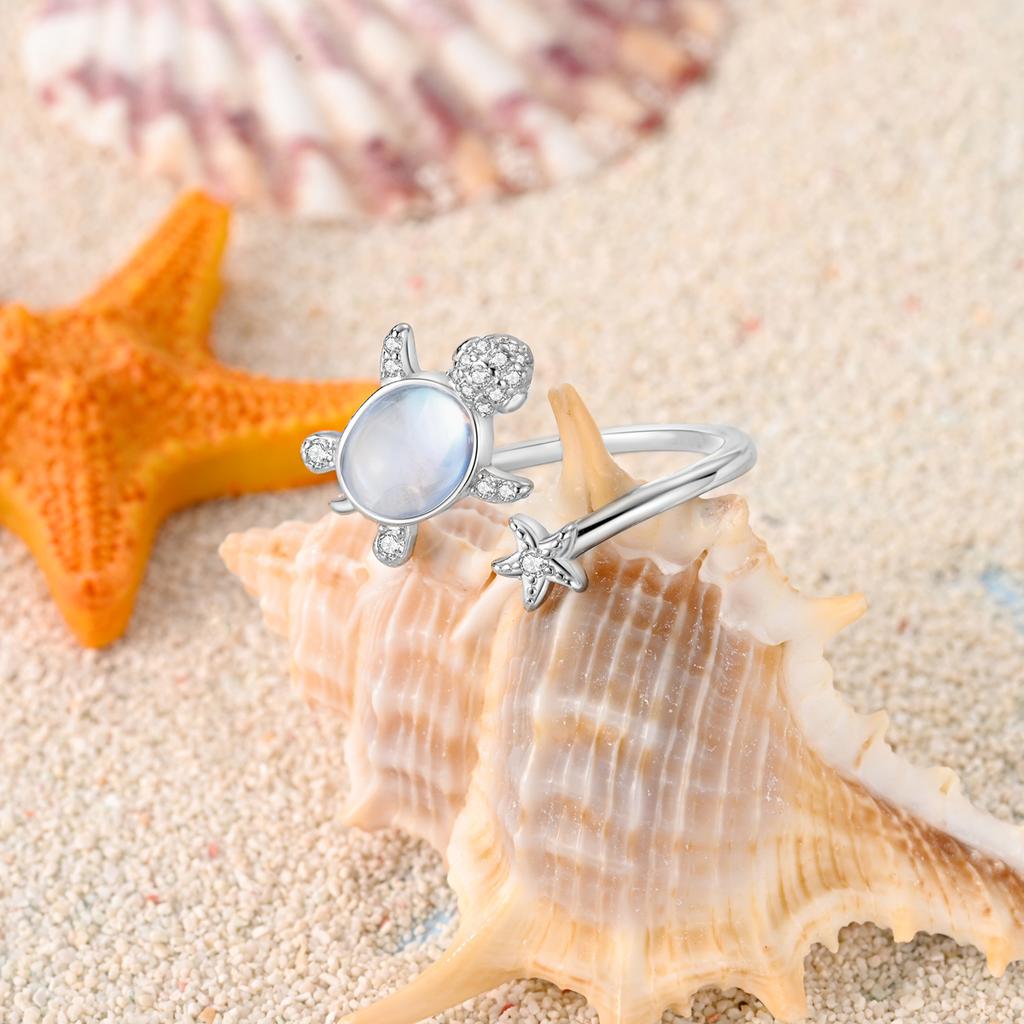Copper Turtle Starfish Open Ring For Women Opal Cz Inlaid Dainty Adjustable Ocean Fine Versatile Jewelry Gift
