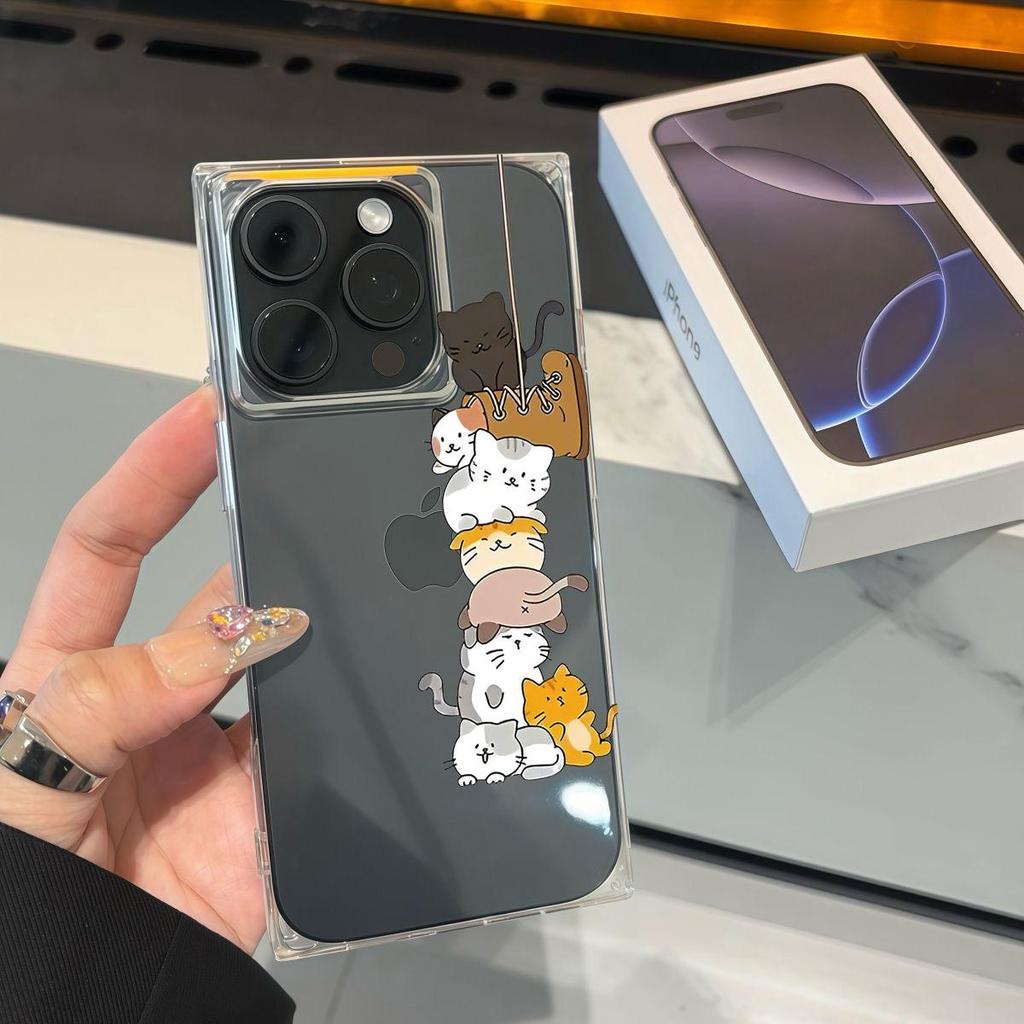 Square Back Tube Protection Clear Case For iPhone 11 14 Pro Max 13 16 ProMax 12 15 Plus Anti-Oxygen,Stacked Cat Pattern Casing