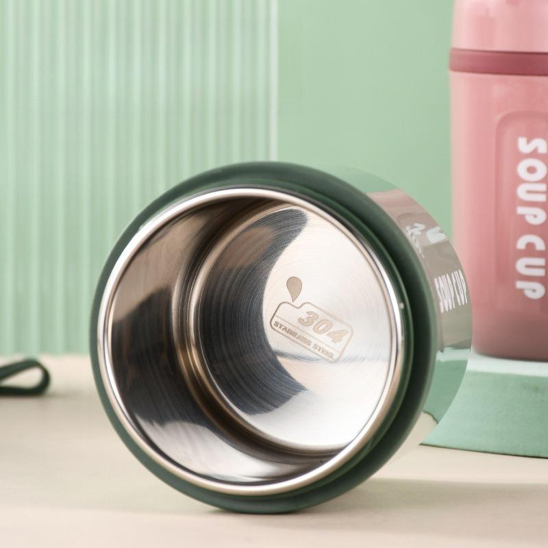 480ml Stainless Steel Soup Cup, Portable Insulated Breakfast Porridge Milk Container with Foldable Spoon & Carry Strap Leakproof