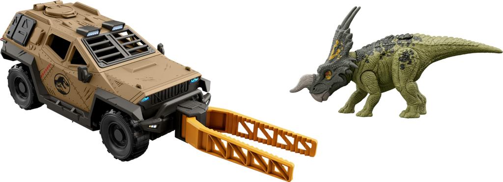 Mattel Jurassic World Truck Einiosaurus Dinosaur Action Figure Toy with Function and Mission Mayhem Destruction Vehicle & Flip-Roll
