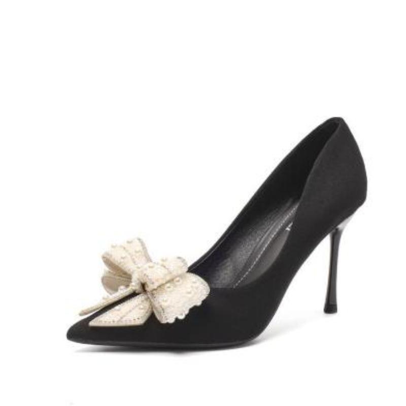 Women's High Heels Pointed Toe Shallow Mouth Beaded Butterfly Knot Temperament Slip-on Shoes