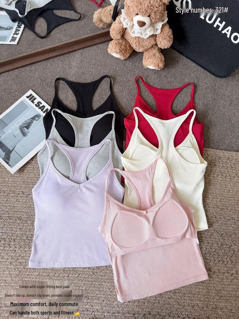 Women's Early Autumn Cutout Shoulder Sleeveless Camisole with Integrated Cups and Chest Pad - New Hot Girl Style