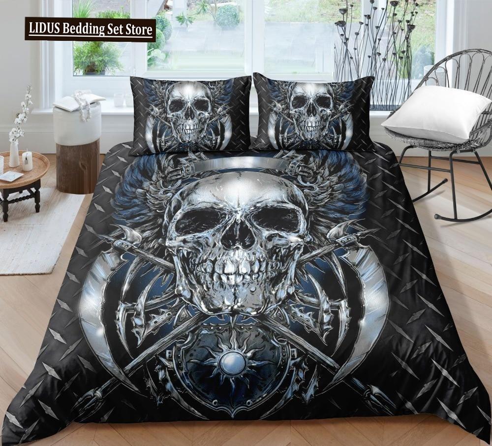 Skull Chevalier Duvet Cover Set King Size Horror Skeleton Bedding Set Day Of The Death Comforter Cover 2/3pcs For Boys Men Gifts