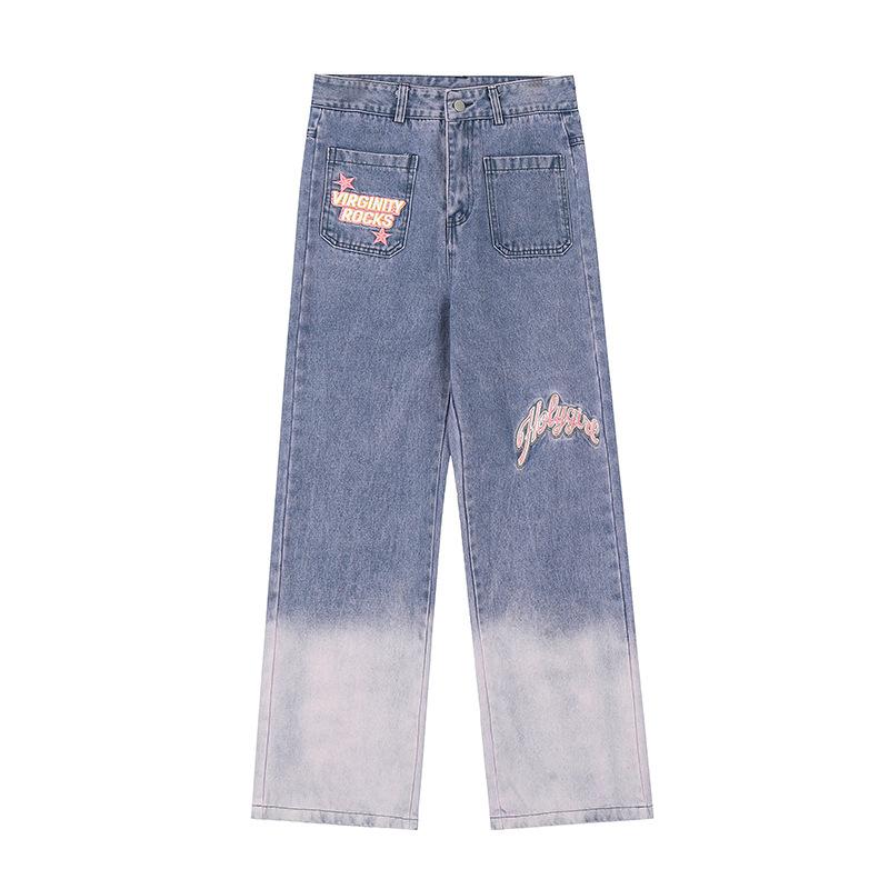 

Градиентные розовые джинсы, женские контрастные и новые милые крутые свободные свободные брюки с высокой талией, прямые брюки, повседневные широкие длинные брюки L синий