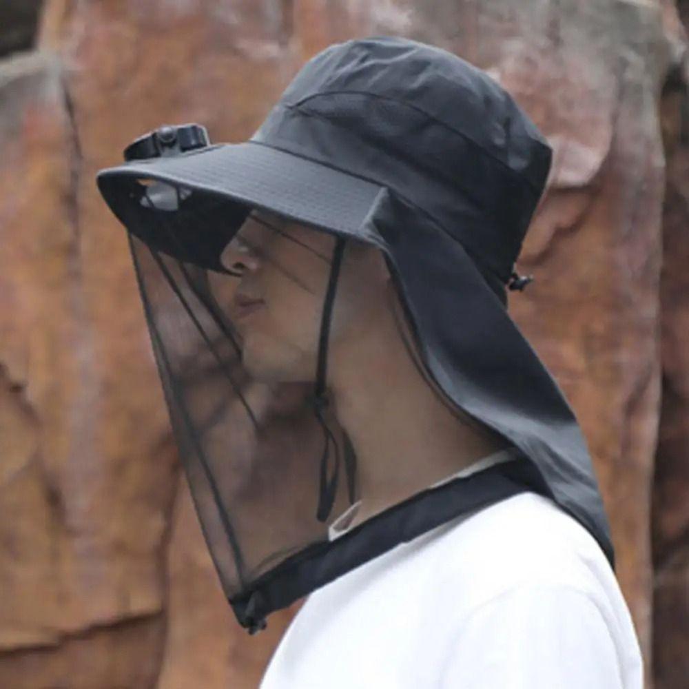 Foldable Solar Fan Hat With Net Mesh Fishing Bucket Hat Fashion Mosquito Head Net Hat  Fishing