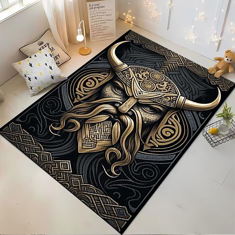 Nordic Viking Horned Helmet Pattern Carpet, Black and Gold Decor Suitable for use as an anti-slip for living room bedroom sofas