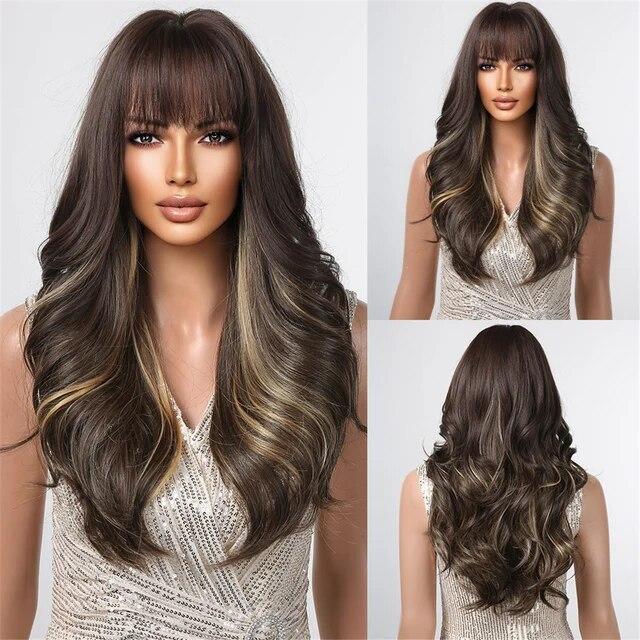 Long Water Wave Synthetic Wigs with Bangs Natural Ginger Brown Loose Curly Wavy Wig for Black White Women Heat Resistant Daily
