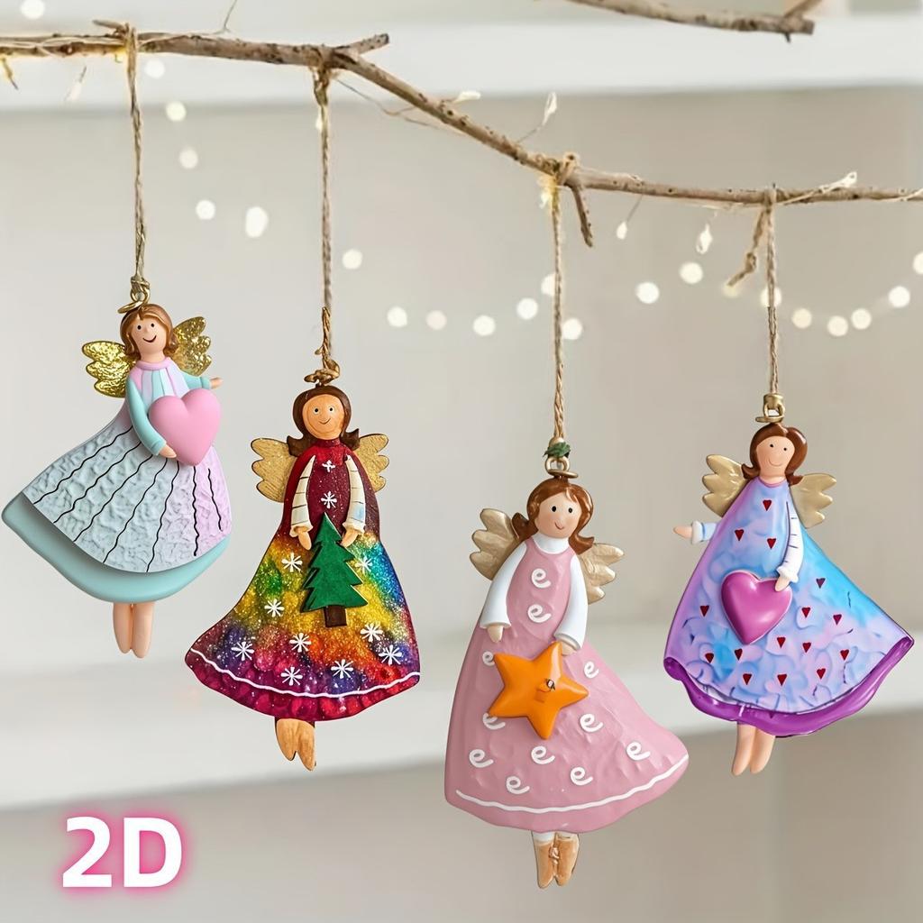 4 Stück Vintage Engel Fantasy Holzornamente Set Weihnachtsbaumdekorationen Navidad Festliche Wohnakzente Neujahrsgeschenk