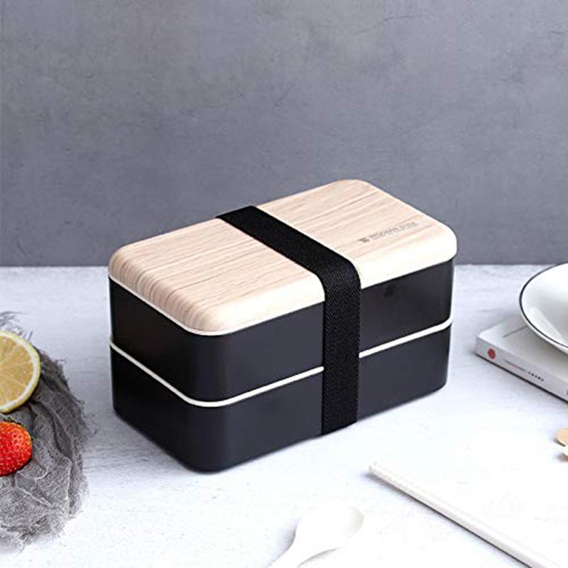 Doppelschichtige Lunchbox für die Mikrowelle, Bento-Box im Holzstil, tragbare Behälterbox, BPA-frei, Bento-Lunchbox, Lunchbox, Bento-Lebensmittelbox