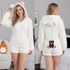 Dicke Korallenfleece Einteiler Pyjamas Damen Mit Kapuze Mit Ohren Leopardenmuster Langarm Kurze Hosen Gemütliche Haus Schlafwäsche