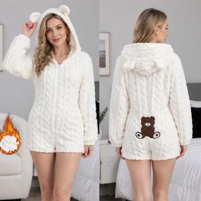 Thick Coral Fleece One-Piece Pajamas Women Hooded With Ears Leopard Print Long Sleeve Short Pants Cozy Home Sleepwear