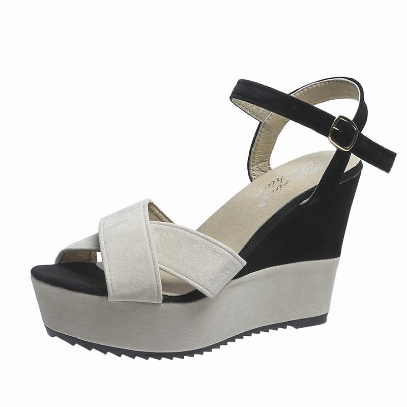 

Fashion Women s fashion wedge sandals summer new round head matching color suede cross strap platform non-slip high heels 35 белый