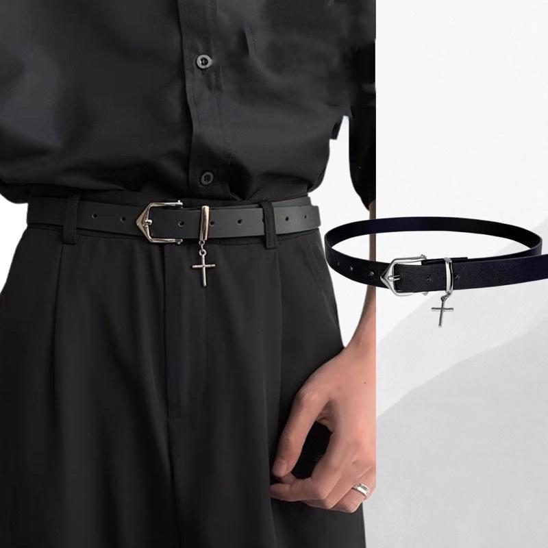 Punk Cross Pendant Jean Pants Belt  Retro Men Woman Waist Strap Pu Leather Metal Pin Buckle Hip Hop Waistband