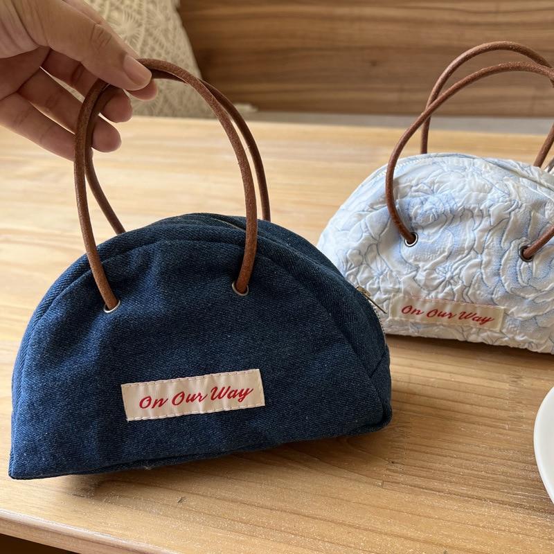 Retro  Cute Niche Semi-round Leather Strap Handbag Zipper Storage Bag Student Denim Top-Handle Bags