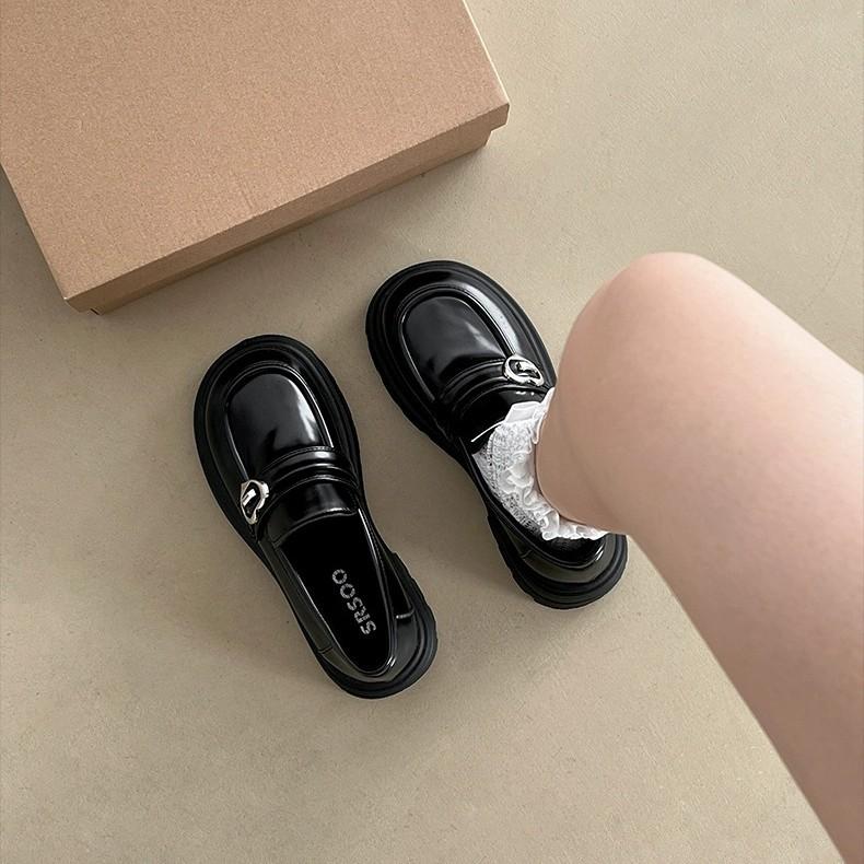 Black French retro thick heel platform small leather shoes women's 2025 new autumn and winter British style one-pedal loafers