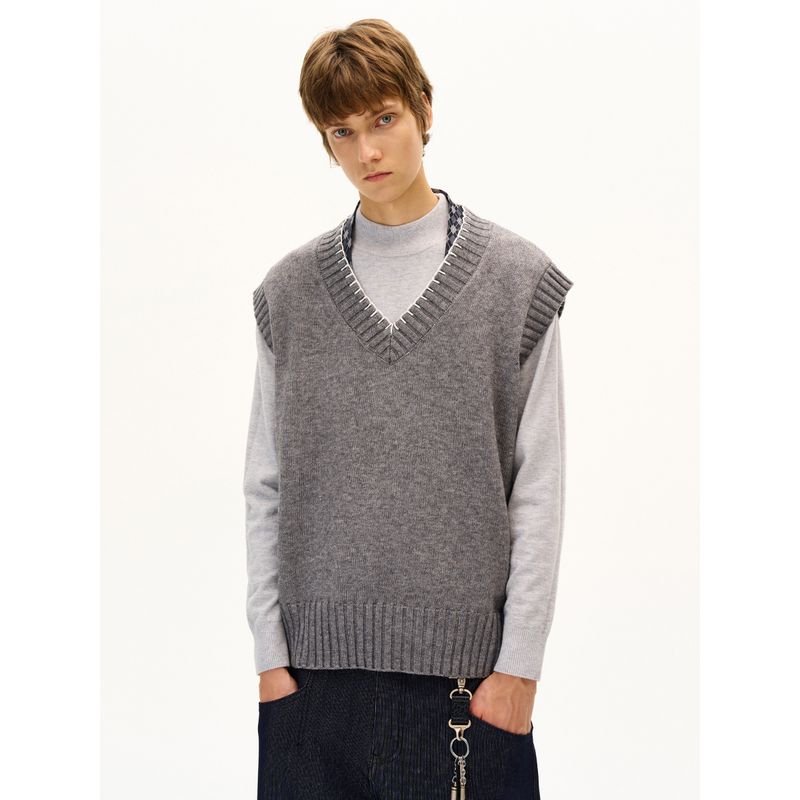 Madwitch Retro High-Sense Wool Knitted Vest for Men and Women, Versatile V-Neck Hand-Stitched Sweater for Autumn