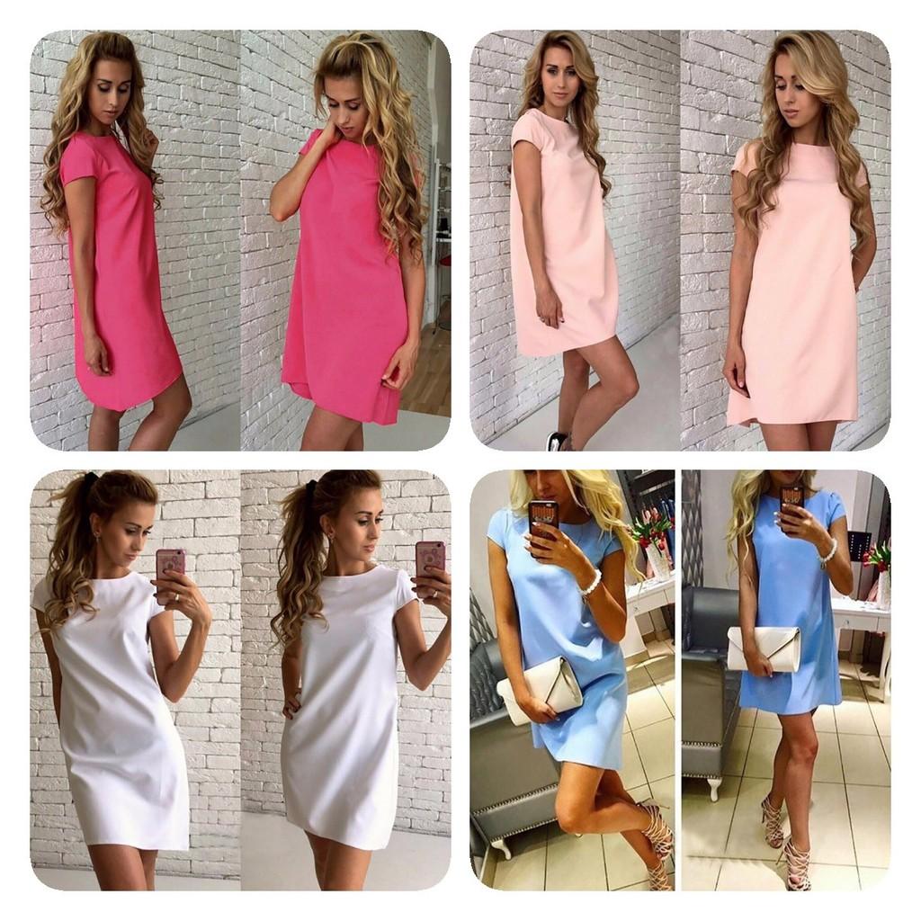 Vestido Casual Elegante de Manga Curta com Gola Redonda e Corte Evasê em Quatro Cores da Moda para Jovens Mulheres