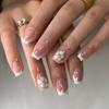 24Pcs Short Square Press On Nails White Rhinestone Flower French Tip Full Cover Reusable Fake Nail Tips